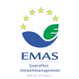 Offizielles EMAS-Logo der Europäischen Union mit Sternenkreis und Blattmotiv, Kennzeichnung für geprüftes Umweltmanagementsystem