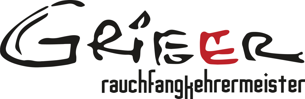 Firmenlogo Grießer Rauchfangkehrermeister in schwarzer und roter Schrift, modernes Design auf transparentem Hintergrund