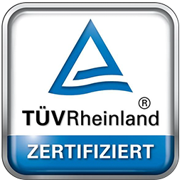 Blaues TÜV Rheinland Logo mit Aufschrift ‚Zertifiziert‘ als Qualitätsnachweis für geprüfte Sicherheit und Standards