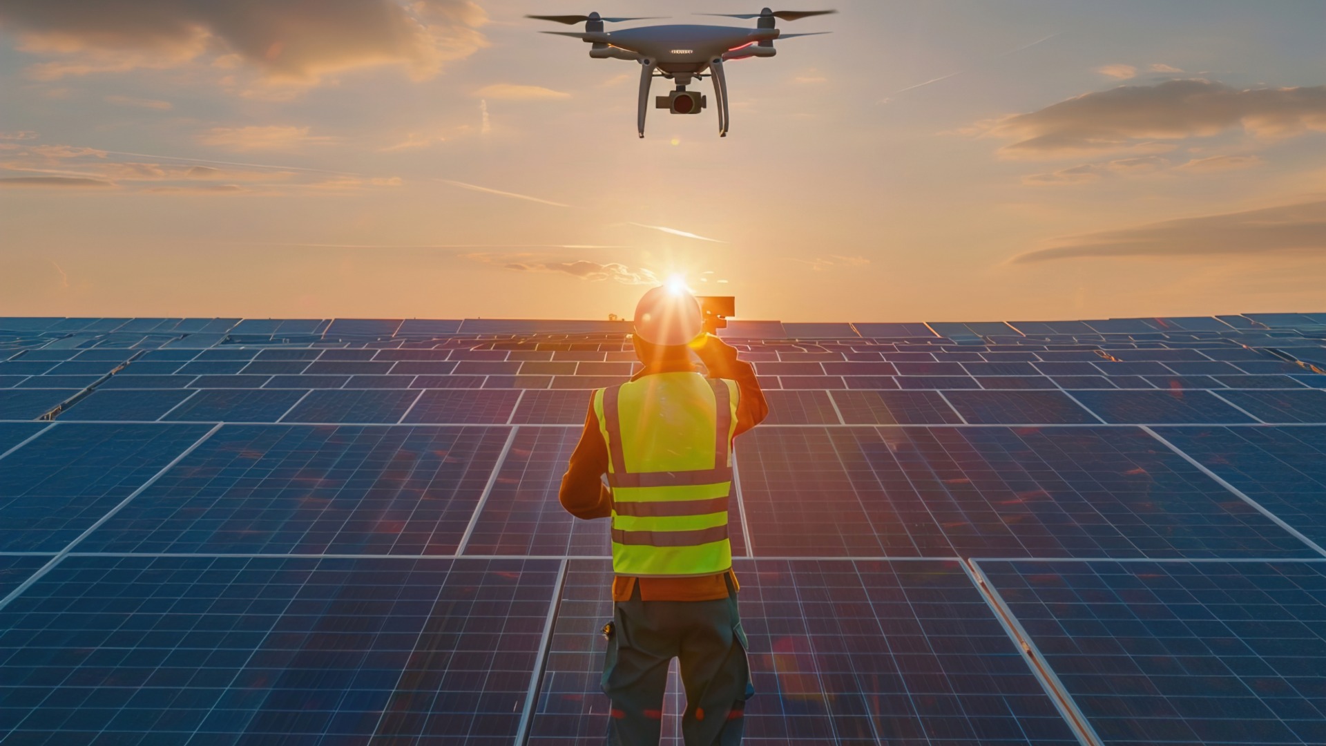 Techniker mit Warnweste steuert eine Drohne über einem großen Feld von Solarpanels bei Sonnenuntergang zur Inspektion und Wartung der Photovoltaikanlage