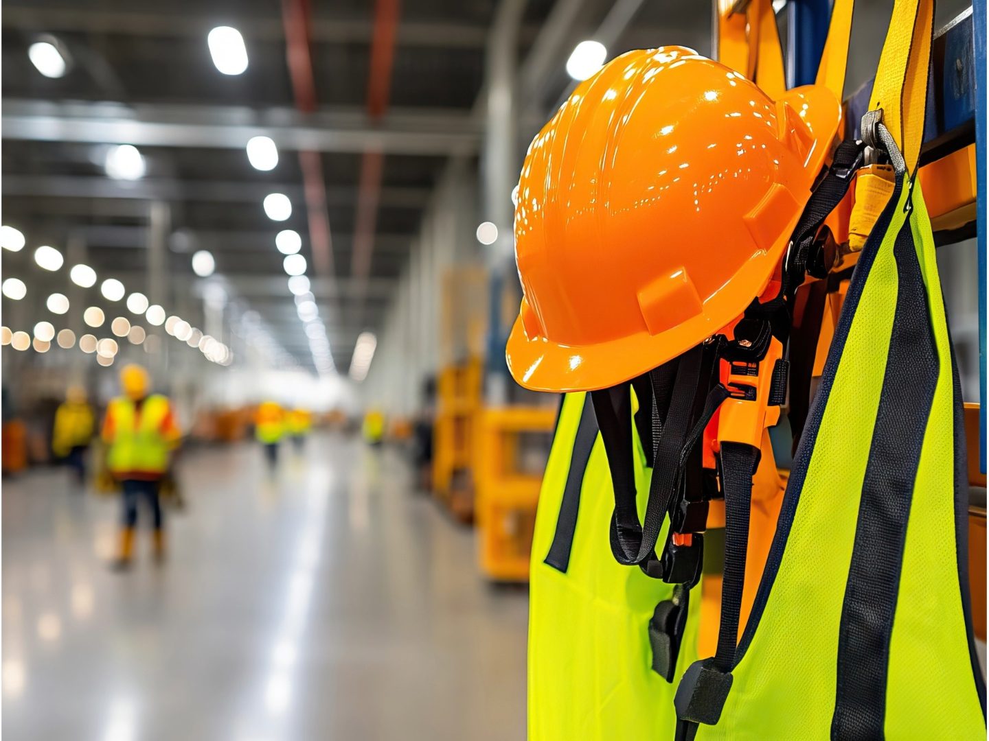 Orangefarbener Schutzhelm und gelbe Warnweste hängen in einer modernen Industriehalle, Symbol für Arbeitssicherheit und Arbeitsschutz