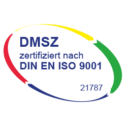 Zertifikatslogo DMSZ mit farbigem Oval und Aufschrift zertifiziert nach DIN EN ISO 9001, Nummer 21787